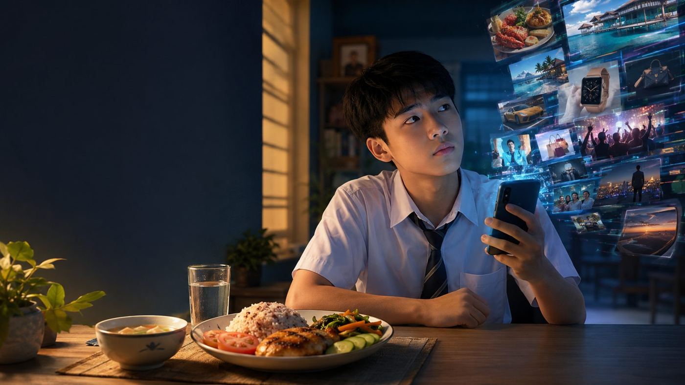 Illustration: a boy at the dinner table absorbed in his phone